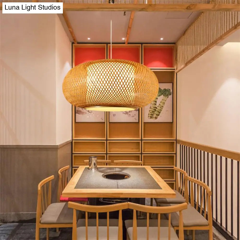 Asian Style Wood Pumpkin Shaded Ceiling Light With Bamboo Hanging Fixture - 1Bulb
