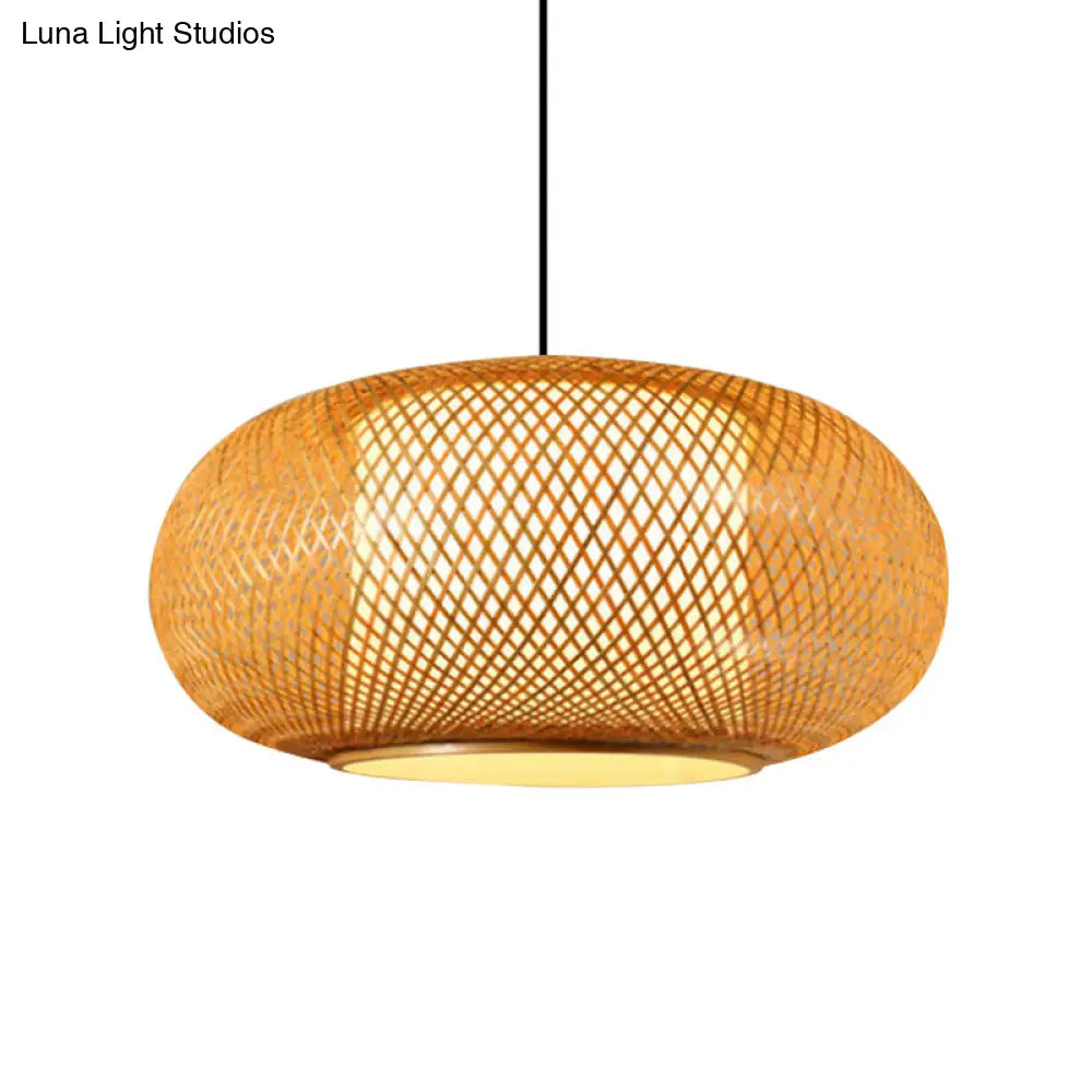 Asian Style Wood Pumpkin Shaded Ceiling Light With Bamboo Hanging Fixture - 1Bulb