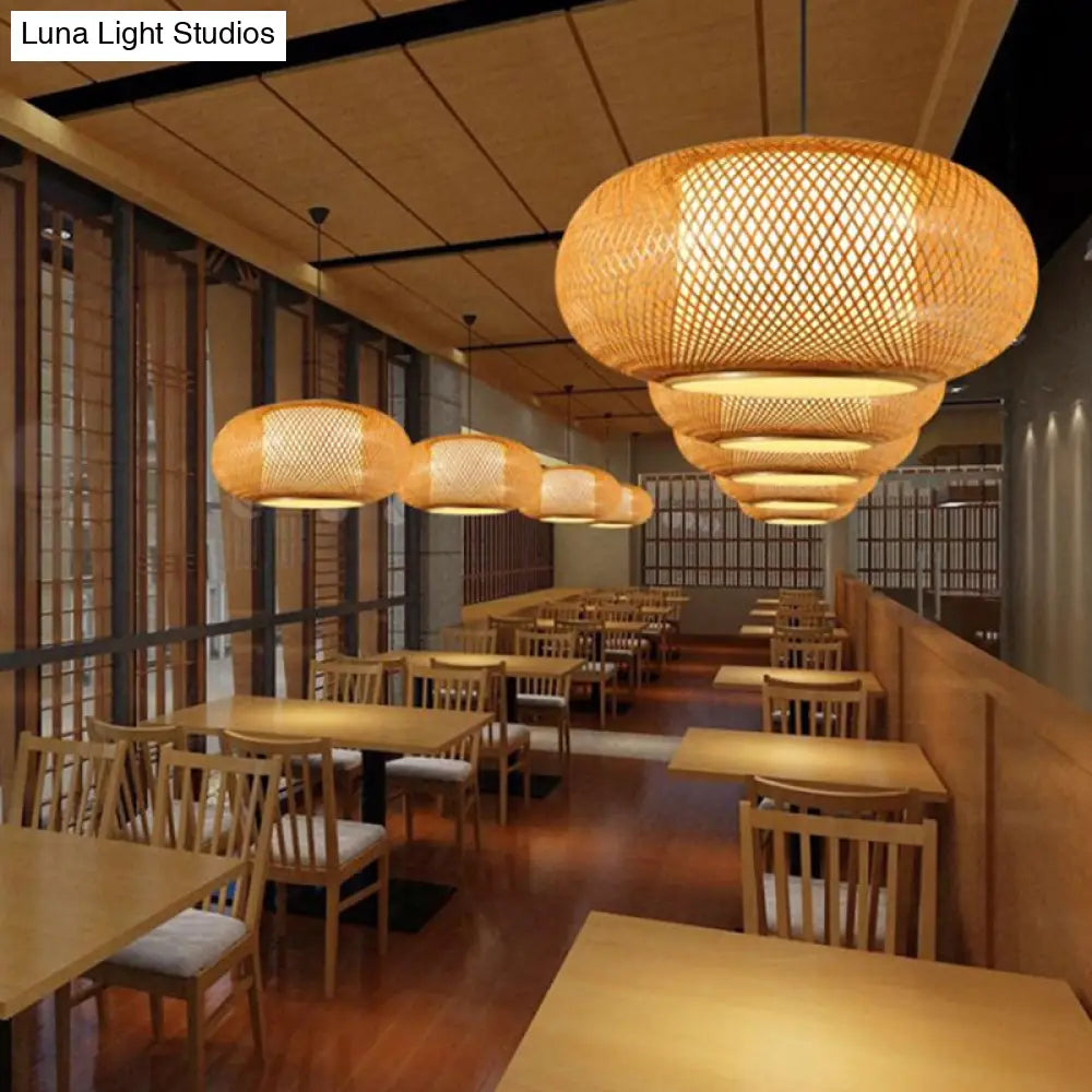 Asian Style Wood Pumpkin Shaded Ceiling Light With Bamboo Hanging Fixture - 1Bulb