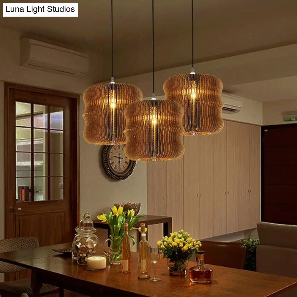 Asian Style Woven Shade Pendant Lamp With Corrugated Paper Design