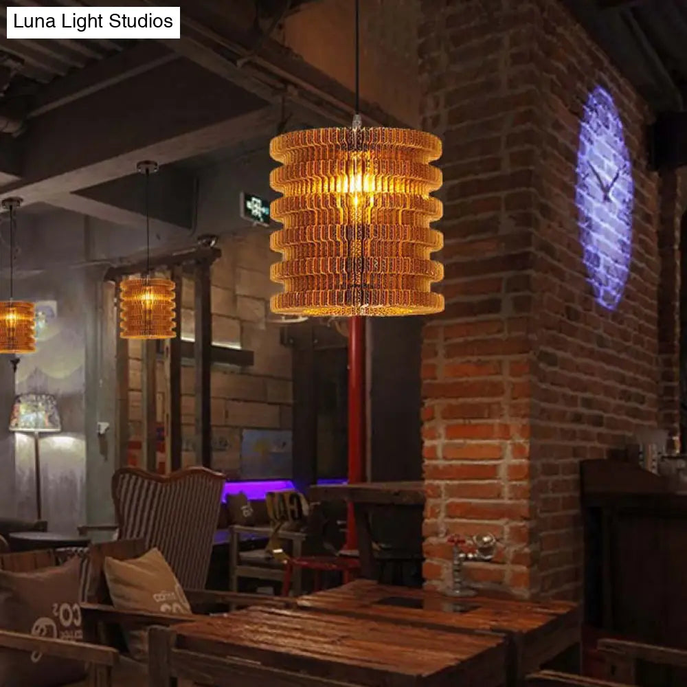 Asian Style Woven Shade Pendant Lamp With Corrugated Paper Design