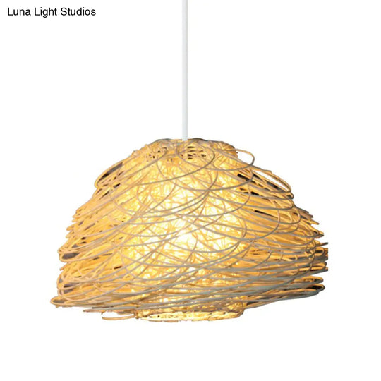 Asian White Pendant Light Fixture With Rattan Shade - Tearoom Hanging Lamp