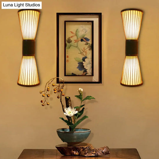 Asian Wood Wall Sconce - Corridor Light With Bamboo Hourglass Shade