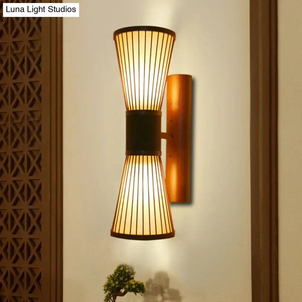Asian Wood Wall Sconce - Corridor Light With Bamboo Hourglass Shade