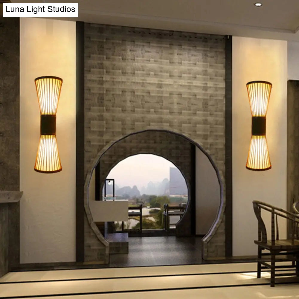 Asian Wood Wall Sconce - Corridor Light With Bamboo Hourglass Shade