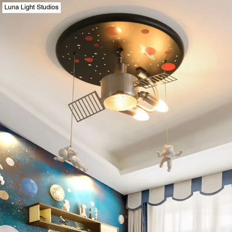 Astronaut Themed Led Flush Mount Light In Black - Metallic Space Ship Design For Kids Room