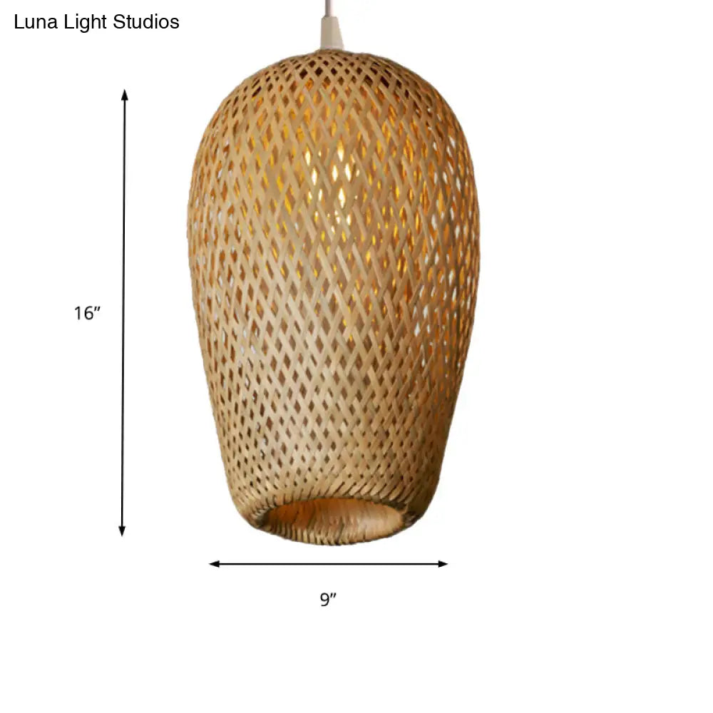 Bamboo 1-Light Pendant Lamp: Lodge Style Woven Shade Kitchen Suspension Lighting In Yellow (9/10