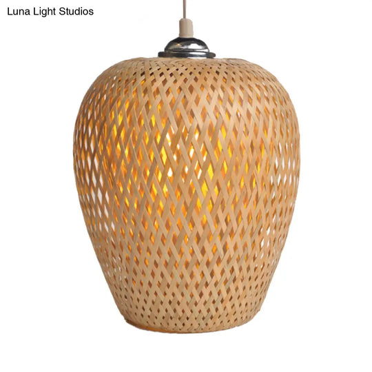 Bamboo 1-Light Pendant Lamp: Lodge Style Woven Shade Kitchen Suspension Lighting In Yellow (9/10