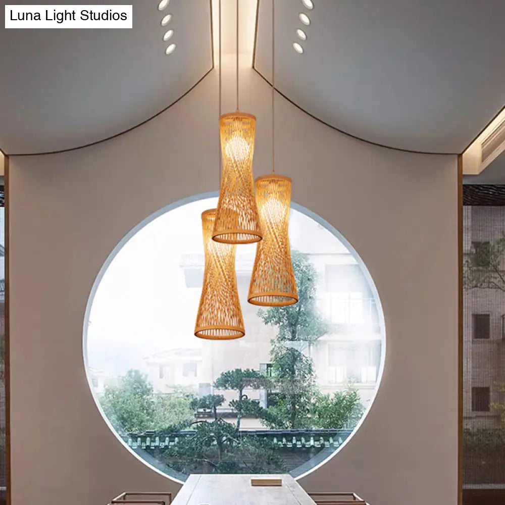 Bamboo Asian Ceiling Lamp With Wide Flare Design 1-Bulb Beige Fixture 6.5 Width