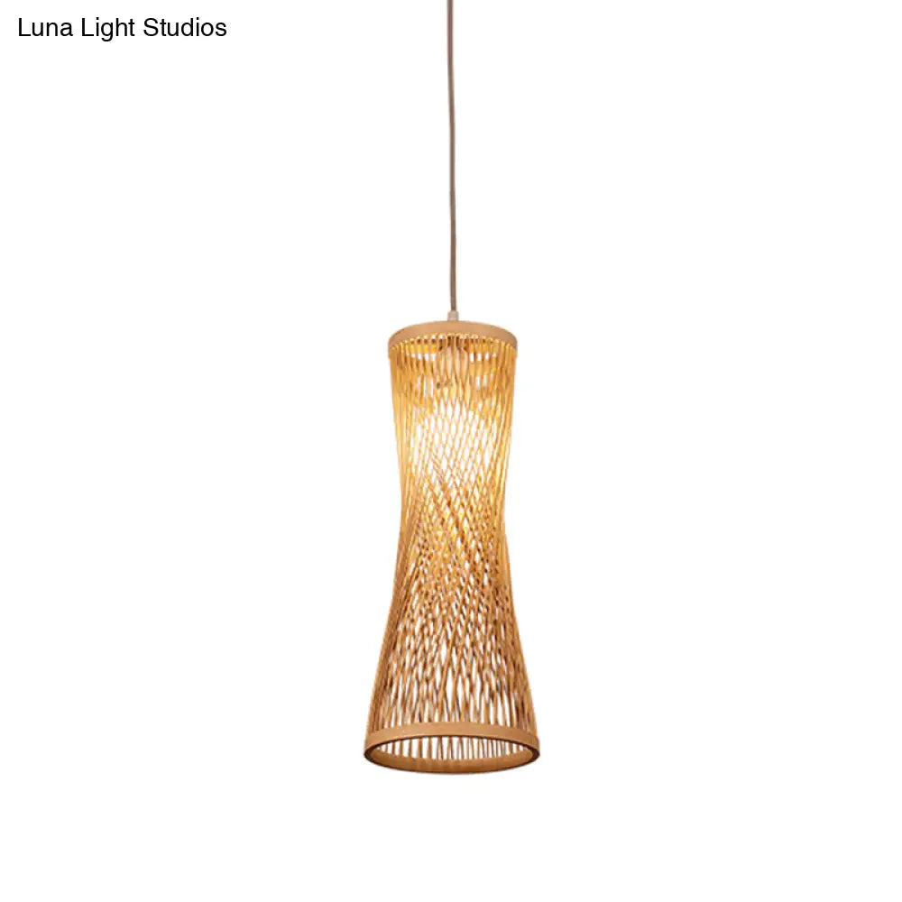 Bamboo Asian Ceiling Lamp With Wide Flare Design 1-Bulb Beige Fixture 6.5 Width