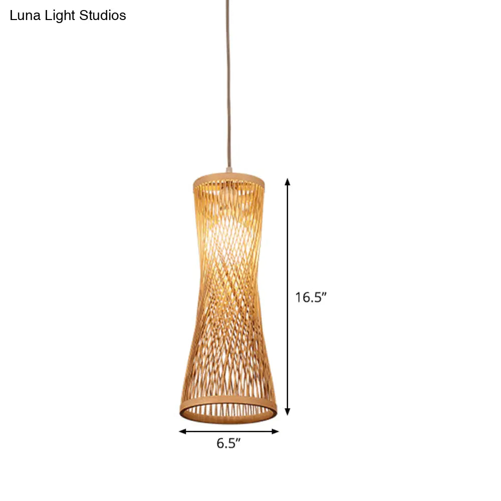 Bamboo Asian Ceiling Lamp With Wide Flare Design 1-Bulb Beige Fixture 6.5 Width