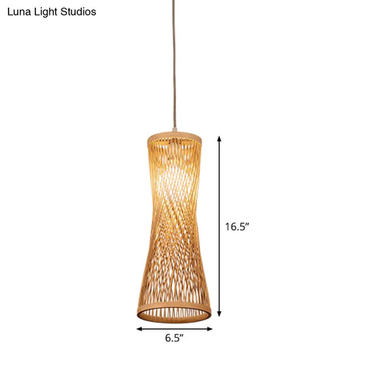 Bamboo Asian Ceiling Lamp With Wide Flare Design 1-Bulb Beige Fixture 6.5 Width