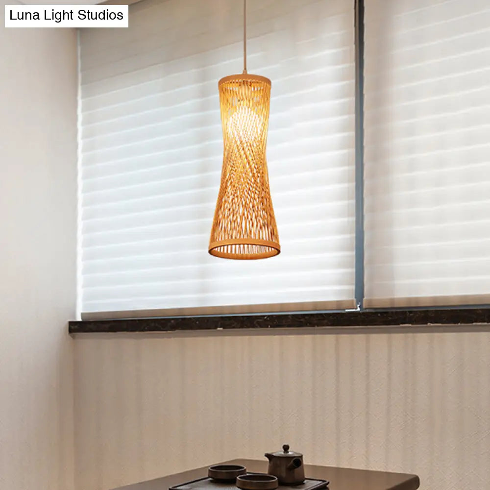 Bamboo Asian Ceiling Lamp With Wide Flare Design 1-Bulb Beige Fixture 6.5 Width