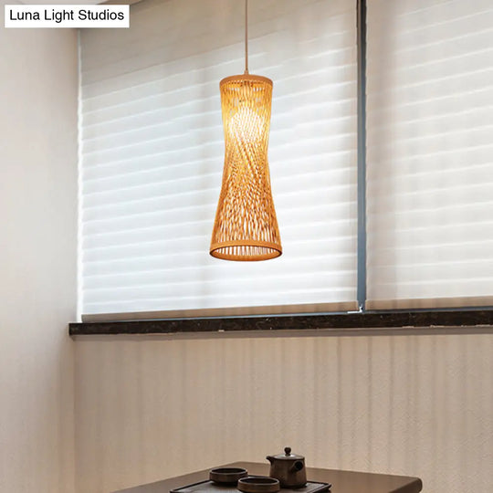 Bamboo Asian Ceiling Lamp With Wide Flare Design 1-Bulb Beige Fixture 6.5 Width
