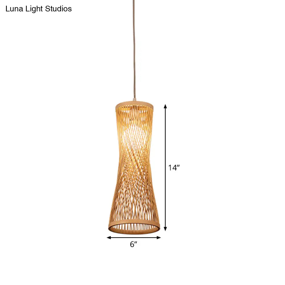 Bamboo Asian Ceiling Lamp With Wide Flare Design 1-Bulb Beige Fixture 6.5 Width