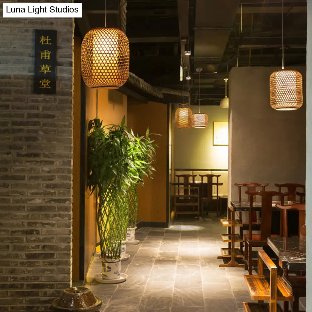 Bamboo Asian Lantern Pendant Light - Single Head Ceiling Drop For Restaurant & Dining Room Decor