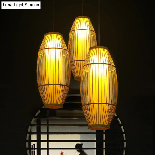 Wooden Barrel Shaped Asian Pendant Light - Bamboo 1 Bulb Restaurant Hanging Lighting