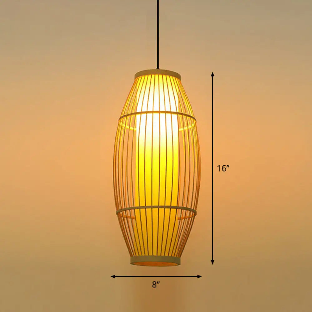 Bamboo Barrel Asian Pendant Light For Restaurants - Wood Finish With 1 Bulb / 8’