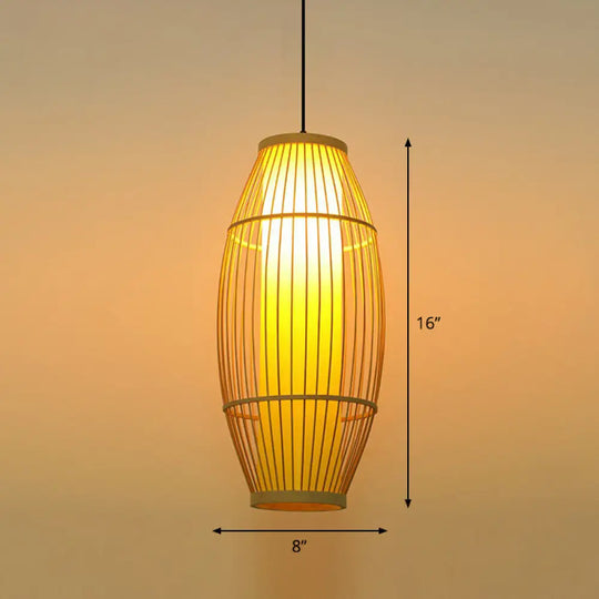 Bamboo Barrel Asian Pendant Light For Restaurants - Wood Finish With 1 Bulb / 8’