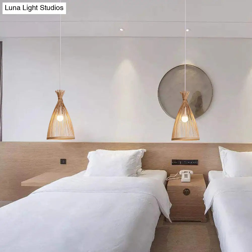 Bamboo Bell Pendant Ceiling Light - Minimalist 1-Head Suspension Lighting For Tea Room