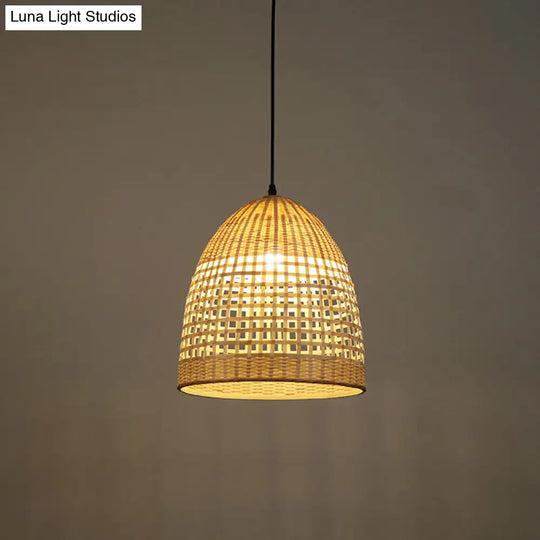 Bamboo Bell Pendant Light Rustic Wood Hanging Lamp For Restaurants