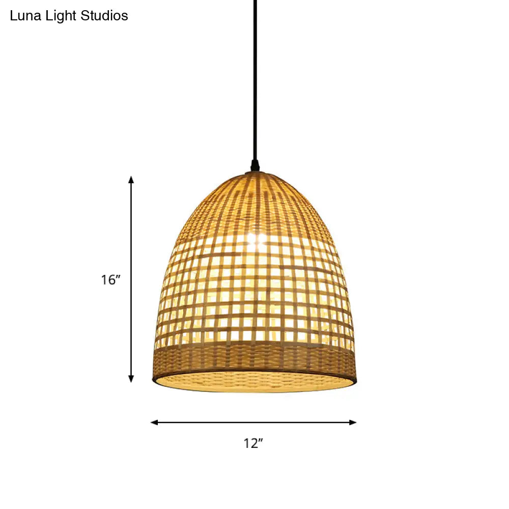 Bamboo Bell Pendant Light Rustic Wood Hanging Lamp For Restaurants