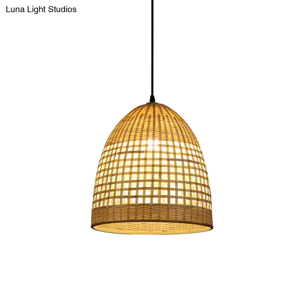Bamboo Bell Pendant Light Rustic Wood Hanging Lamp For Restaurants