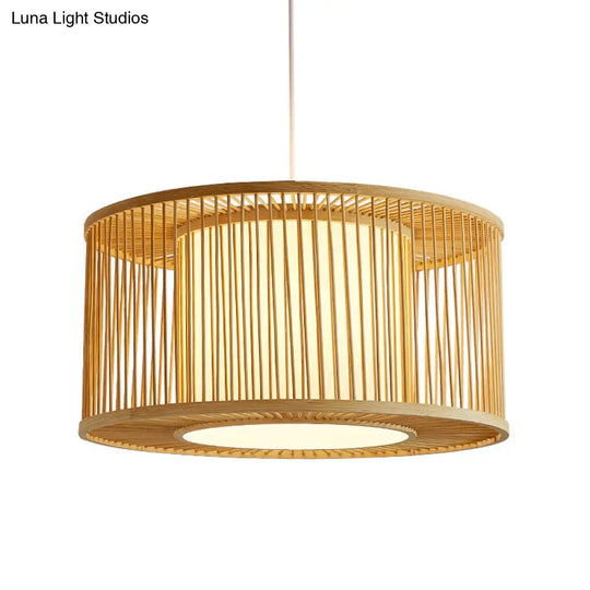 Bamboo Bistro Pendant Light - Handmade Drum Cage Asian Hanging Lamp Kit 1 Bulb With Inner Shade
