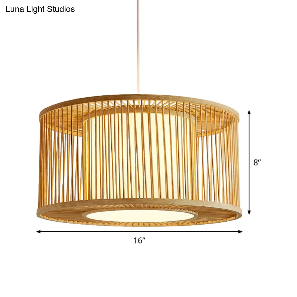 Bamboo Bistro Pendant Light - Handmade Drum Cage Asian Hanging Lamp Kit 1 Bulb With Inner Shade