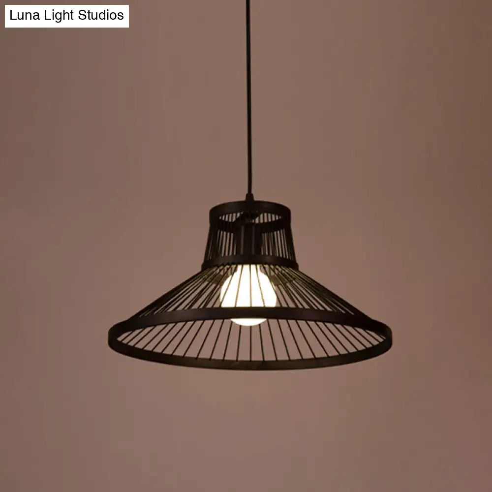 Bamboo Cage Pendant Lighting - Chinese Style 1-Light Black Ceiling Lamp