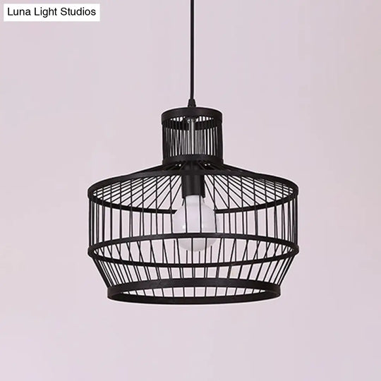 Bamboo Cage Pendant Lighting - Chinese Style 1-Light Black Ceiling Lamp