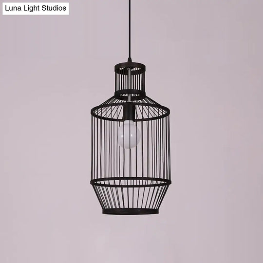 Bamboo Cage Pendant Lighting - Chinese Style 1-Light Black Ceiling Lamp / A