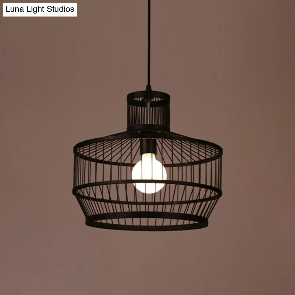 Bamboo Cage Pendant Lighting - Chinese Style 1-Light Black Ceiling Lamp / B