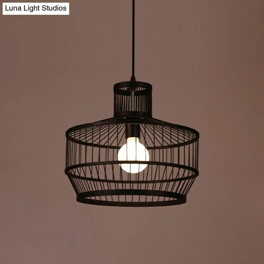 Bamboo Cage Pendant Lighting - Chinese Style 1-Light Black Ceiling Lamp / B