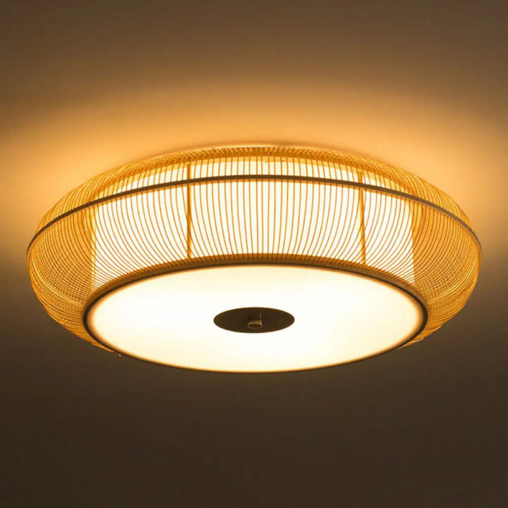 Bamboo Curved Drum Flush Light - Asian Style Ceiling Fixture