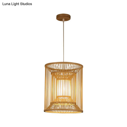 Bamboo Cylindrical Pendant Light - Wood Hanging Lamp Kit For Tearoom