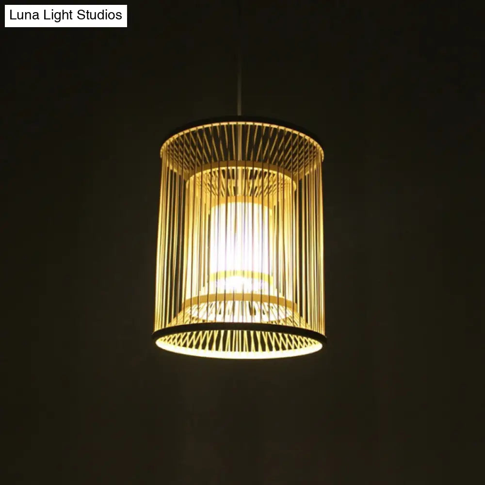 Bamboo Cylindrical Pendant Light - Wood Hanging Lamp Kit For Tearoom