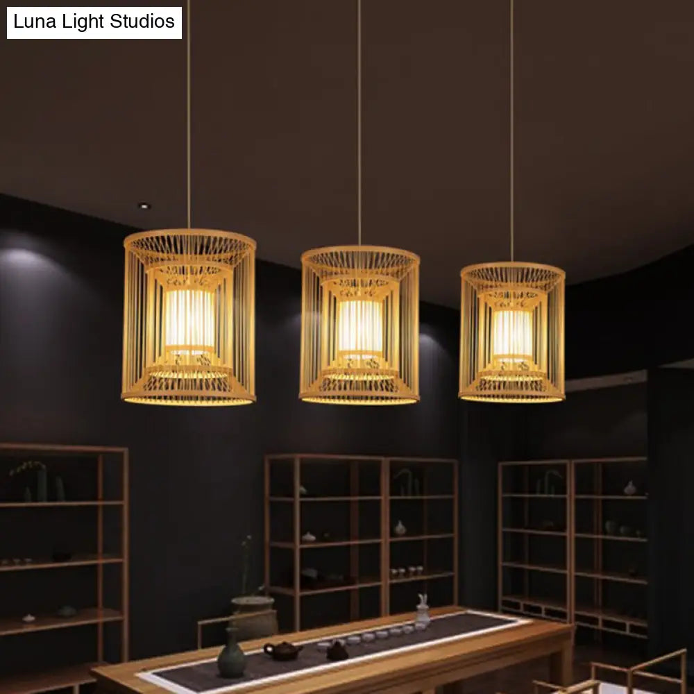Bamboo Cylindrical Pendant Light - Wood Hanging Lamp Kit For Tearoom