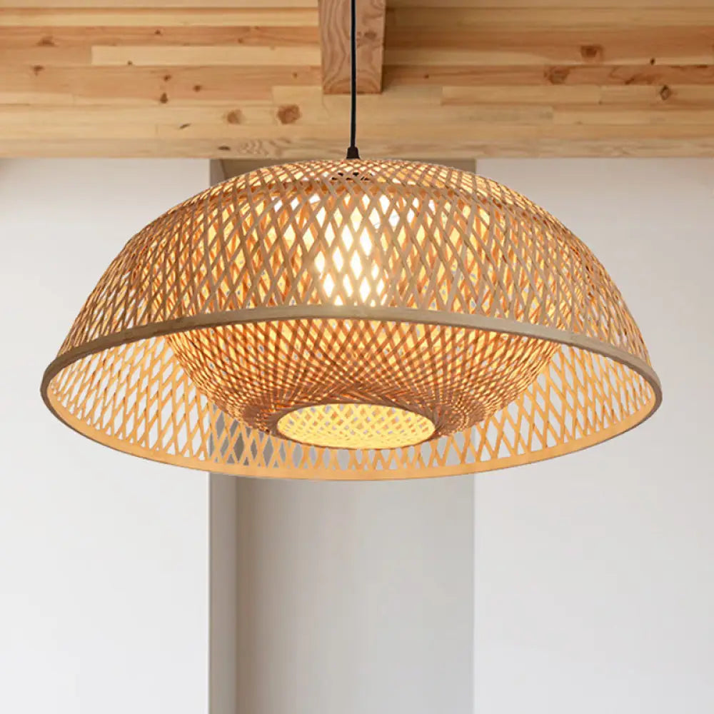 Bamboo Dome Pendant Light Fixture Kit - 1 Bulb Wood Hanging Lamp 18/23.5 Wide / 23.5