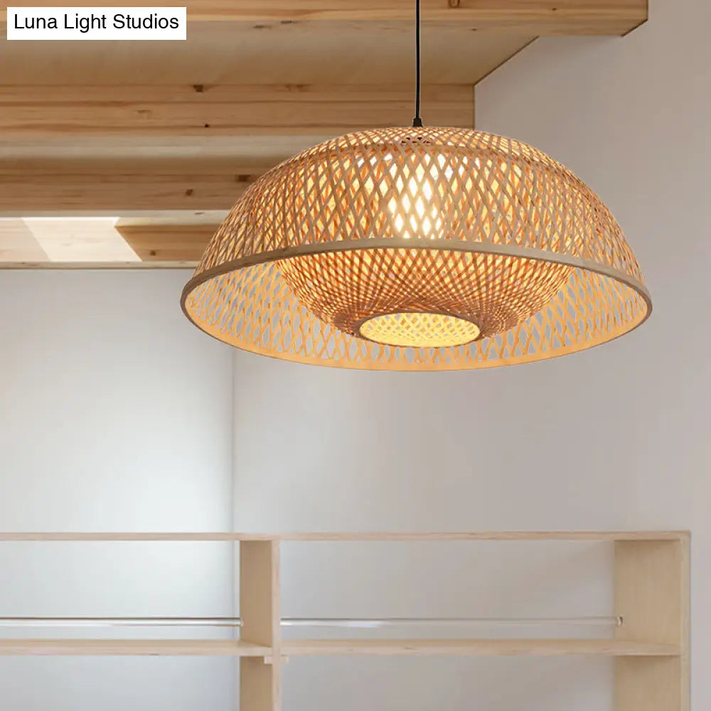 Bamboo Dome Pendant Light Fixture Kit - 1 Bulb Wood Hanging Lamp 18/23.5 Wide