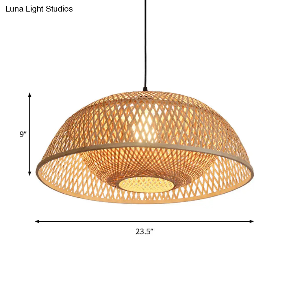 Bamboo Dome Pendant Light Fixture Kit - 1 Bulb Wood Hanging Lamp 18/23.5 Wide