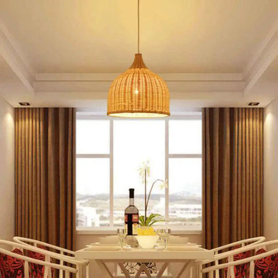 Bamboo Domed Farmhouse Pendant Lamp: Hand-Knitted Beige - 1 Light / 18