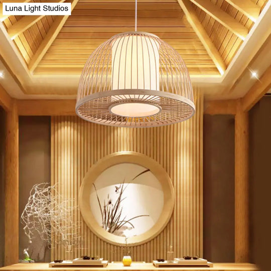 Bamboo Domed Pendant Lamp With Inner Shade - Modern 1-Light Ceiling Fixture Beige 12/14 Diameter /