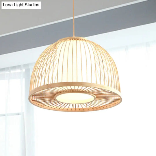 Bamboo Domed Pendant Lamp With Inner Shade - Modern 1-Light Ceiling Fixture Beige 12/14 Diameter