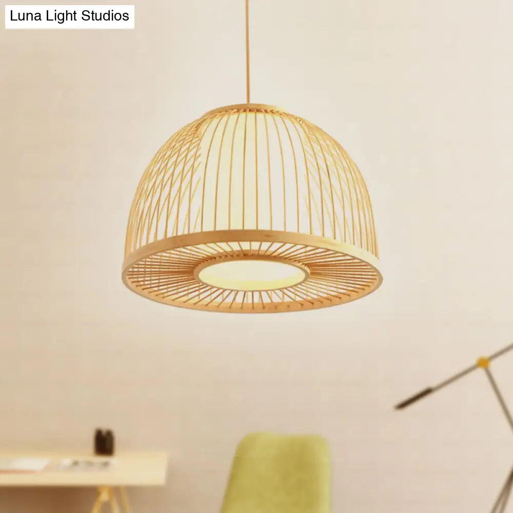 Bamboo Domed Pendant Lamp With Inner Shade - Modern 1-Light Ceiling Fixture Beige 12/14 Diameter