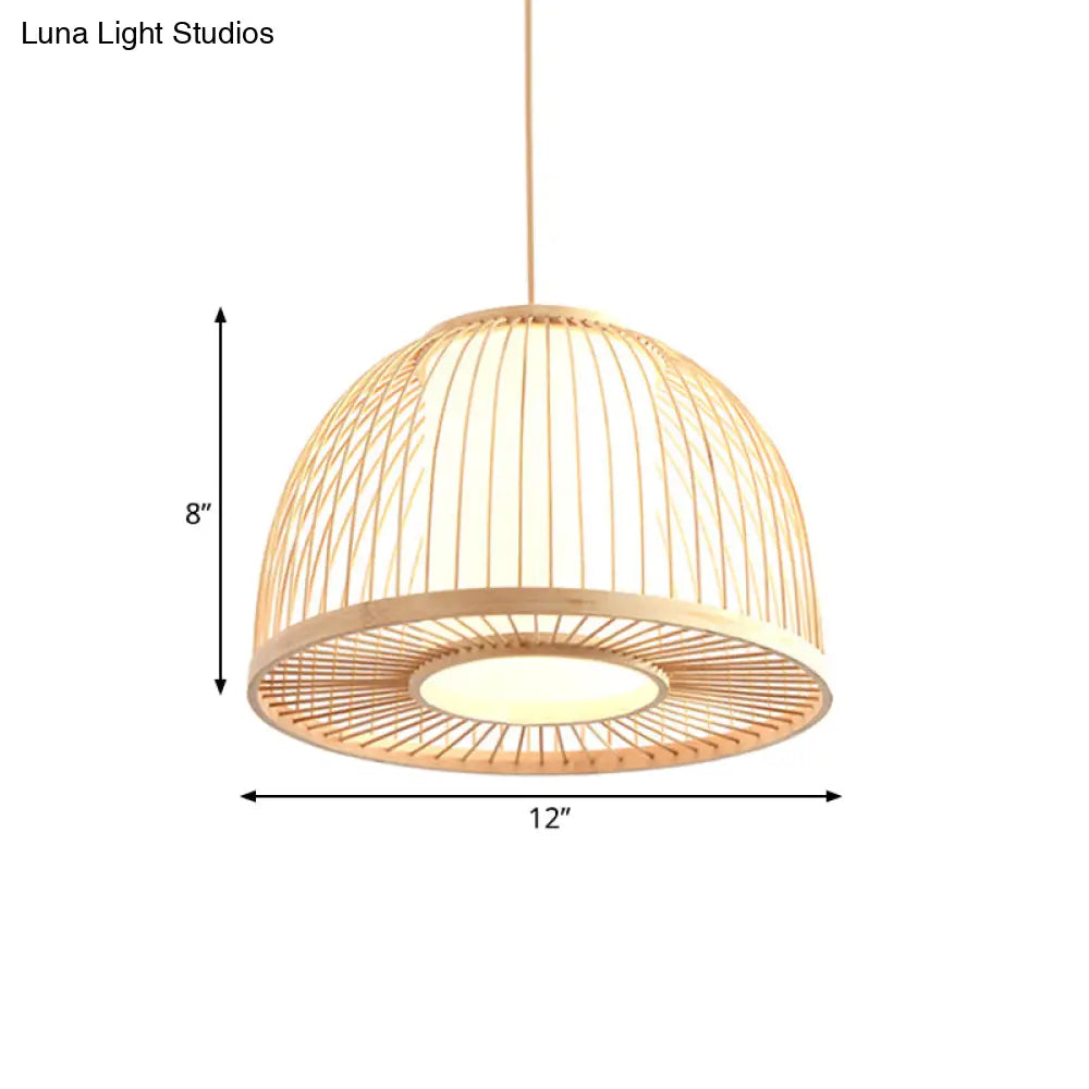 Bamboo Domed Pendant Lamp With Inner Shade - Modern 1-Light Ceiling Fixture Beige 12/14 Diameter