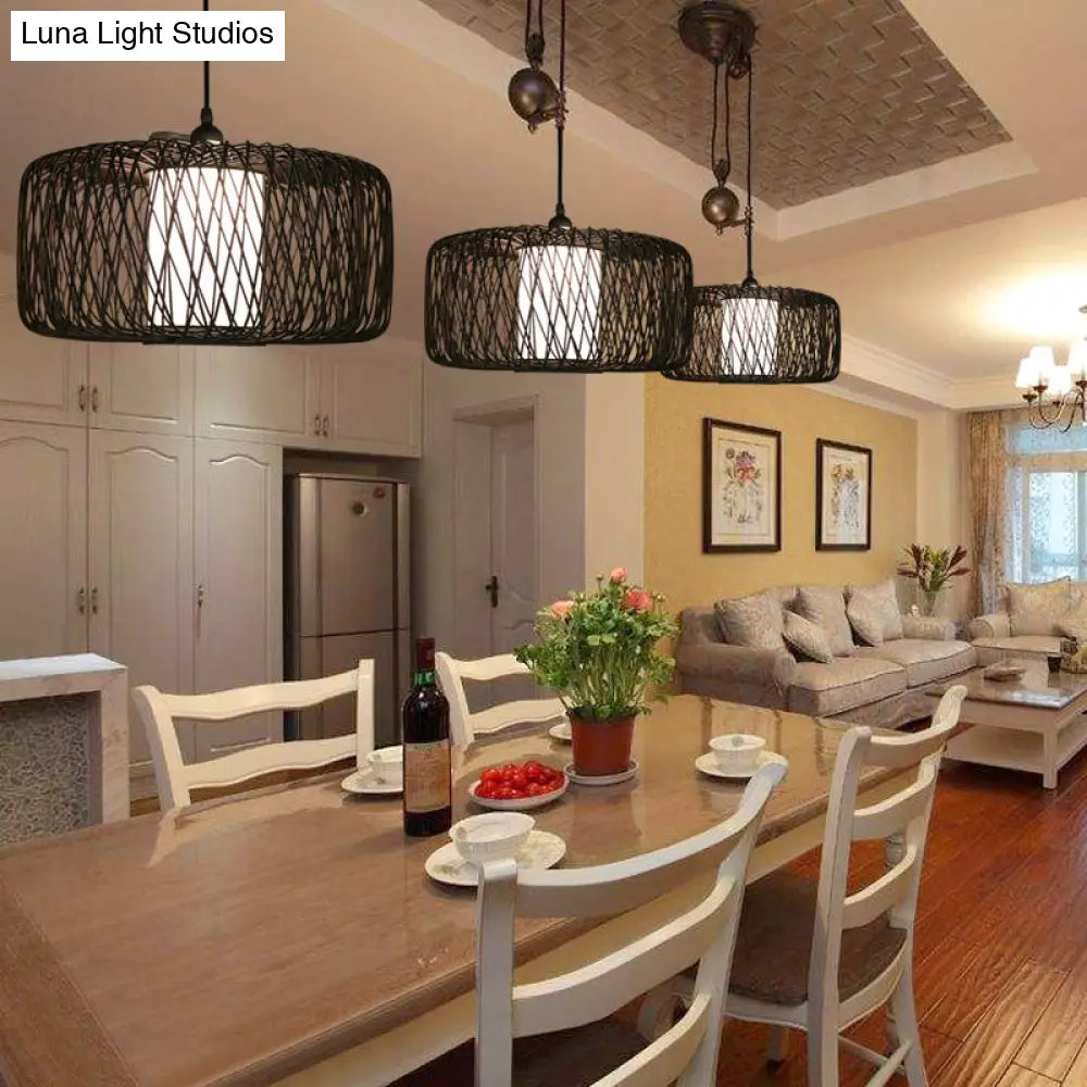 Bamboo Drum Pendant Light - Stylish Single-Bulb Suspension Fixture For Contemporary Tea Room Décor