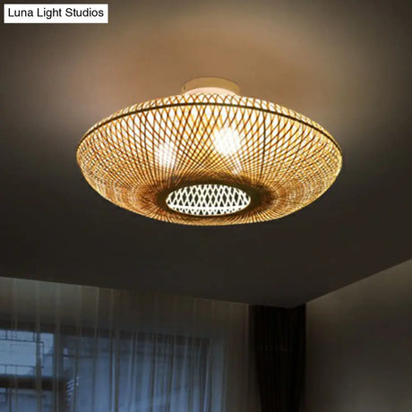 Bamboo Flush Mount Lantern Lighting: Minimalist Wood Design For Bedroom With 3 Bulbs