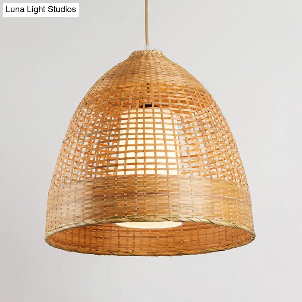 Bamboo Grid Bell Single-Bulb Asian Pendant Light In Beige - Living Room Hanging Lamp