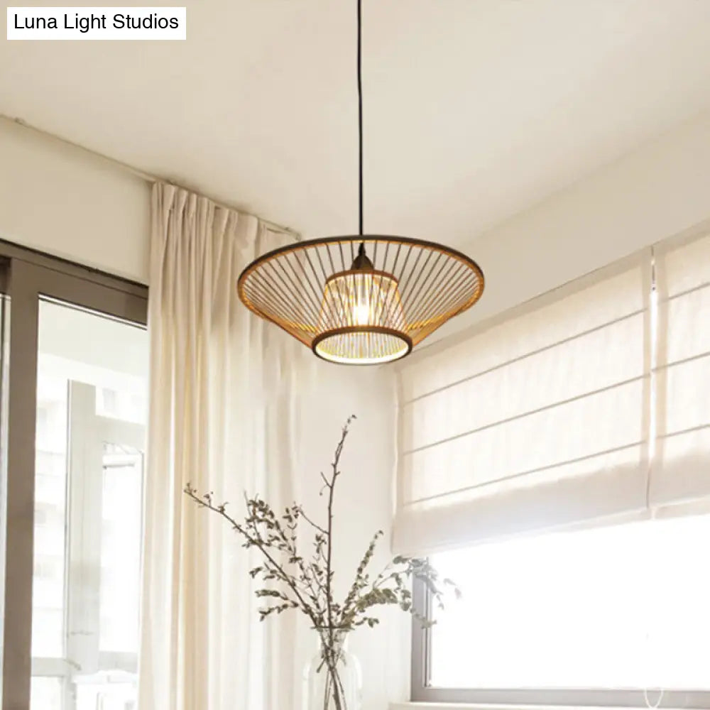 Bamboo Hand-Made Ceiling Lamp - Modern 1-Light Beige Pendant For Dining Room